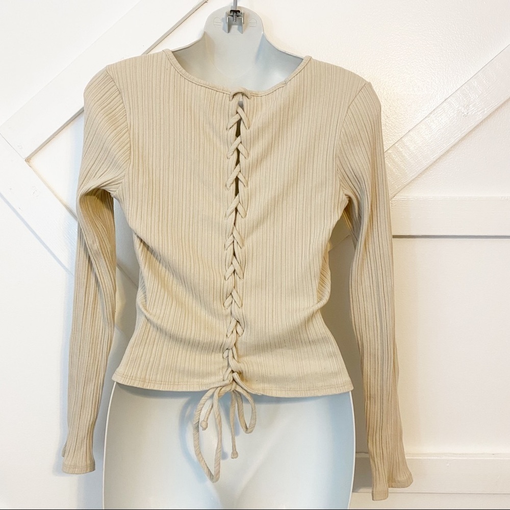 Sadie & Sage Lace Up Back Lightweight Ribbed Sweater Top Cream Sz Extra Small